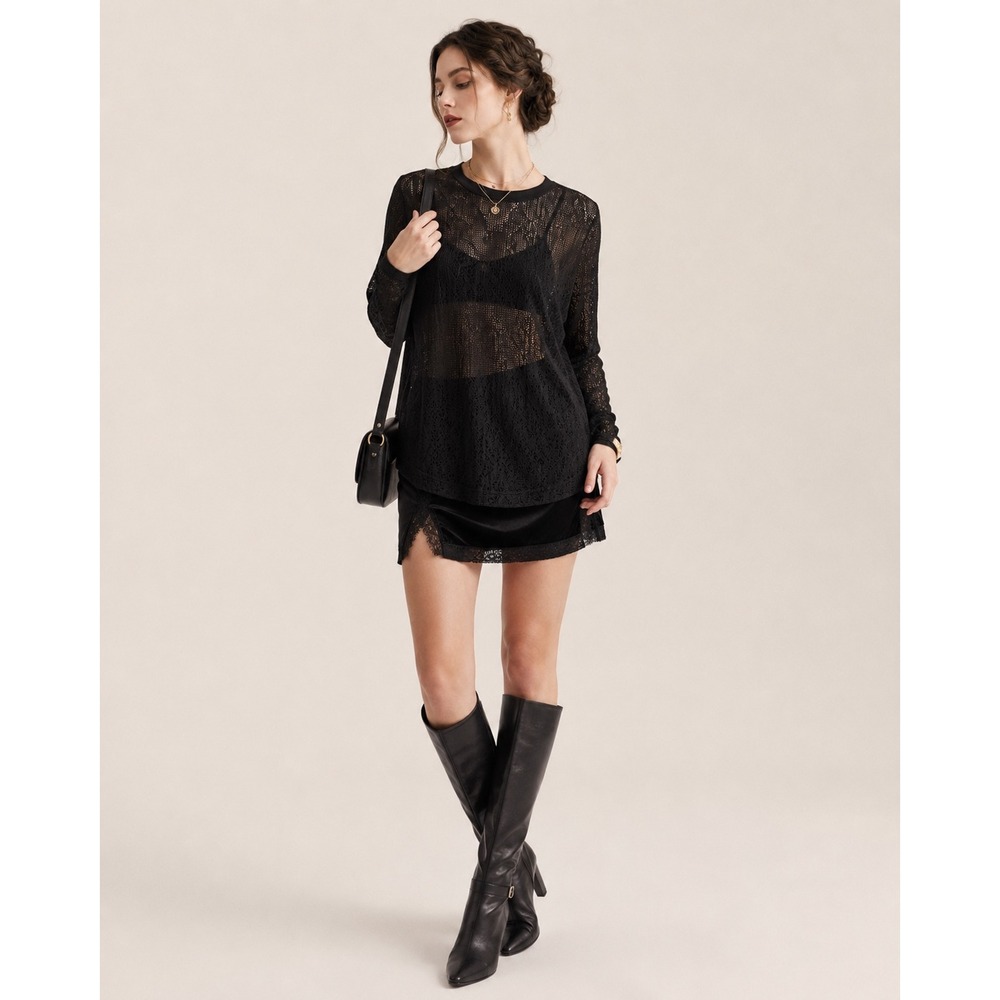 Free People Black Lace Dolman Sleeve Swing Top L Boho Oversized Hi-Low